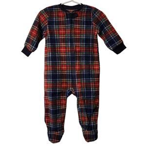 Eddie Bauer‎ Plaid Pajamas Boys Sz 3M Red Blue 1 Pc Fleece Full Zip Christmas